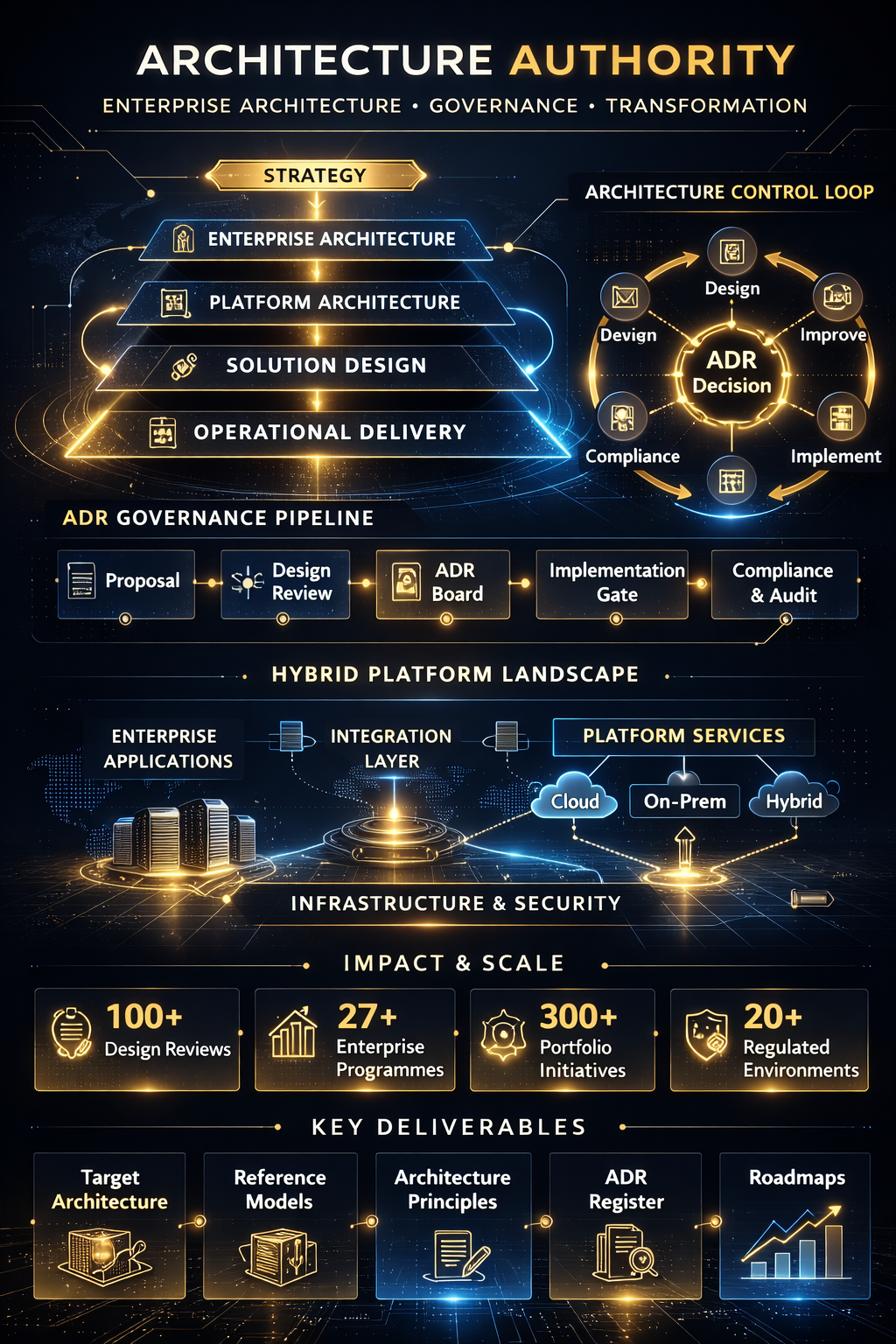 A4 strategic infographic summarising target architecture, ADR governance, hybrid platform coherence and key deliverables.