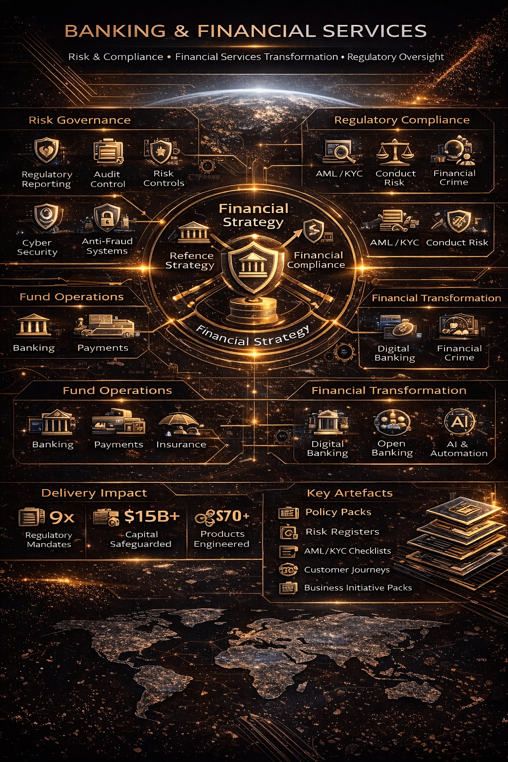 A4 strategic infographic summarising banking transformation, risk and compliance, fund operations, financial modernisation, measurable scale and key banking artefacts.
