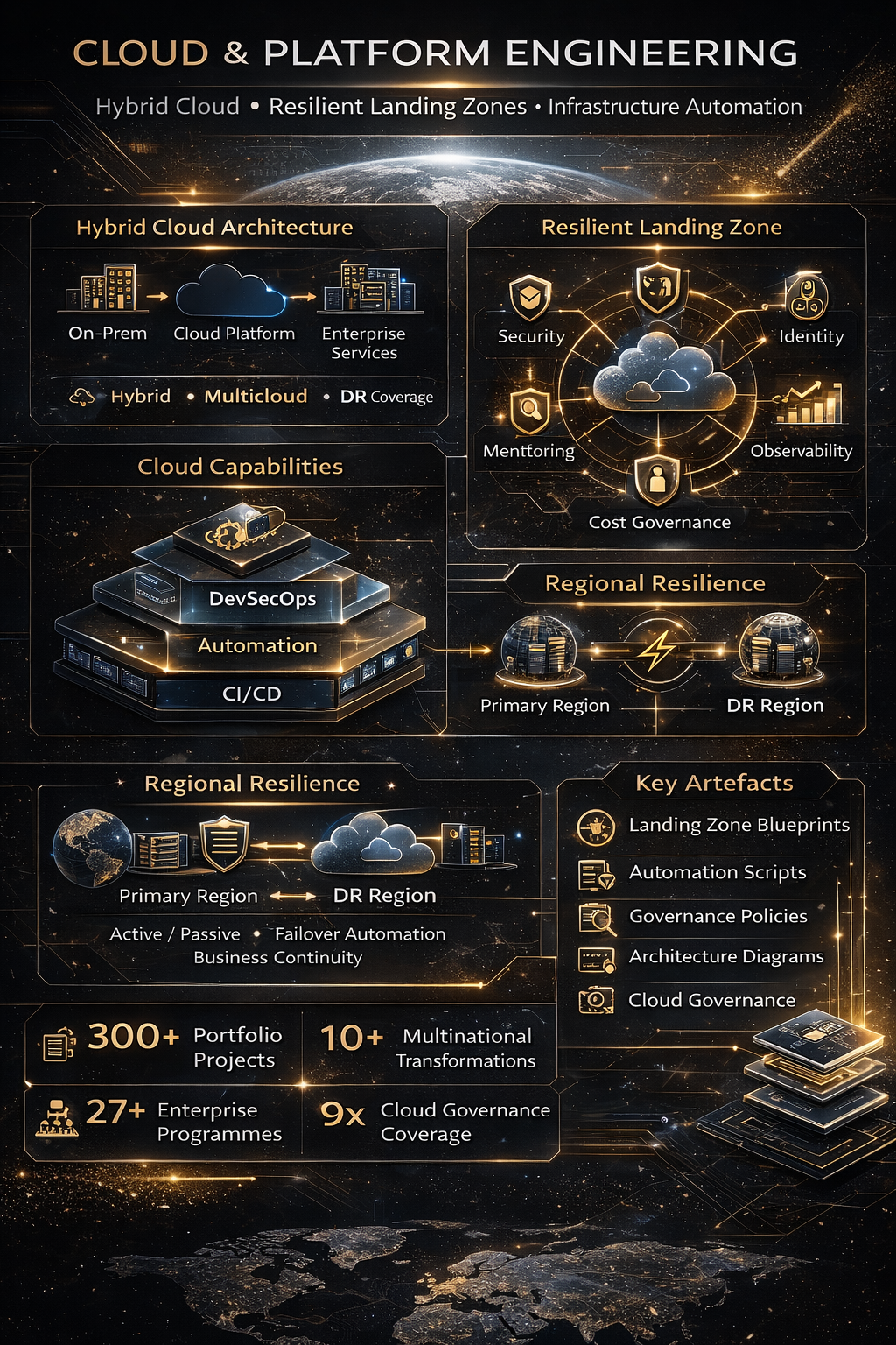 A4 strategic infographic summarising hybrid cloud architecture, landing-zone governance, resilience patterns, cloud operating capabilities, measurable scale and key platform artefacts.