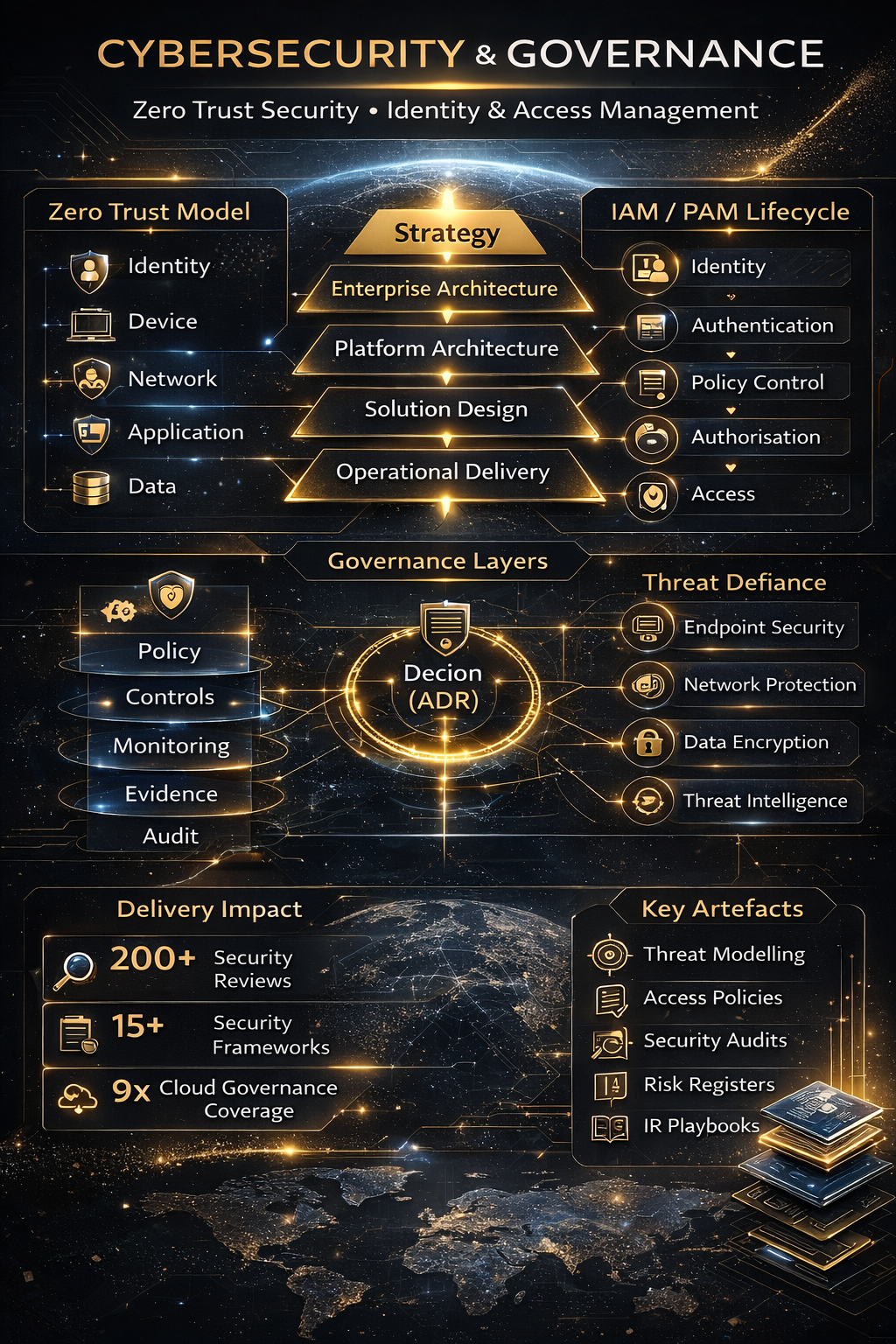 A4 strategic infographic summarising zero trust, IAM/PAM governance, control evidence, threat defence, measurable scale and key artefacts.