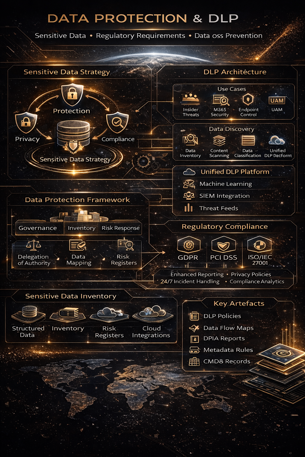 A4 strategic infographic summarising privacy-by-design, DLP architecture, retention governance, compliance, measurable scale and key information-protection artefacts.