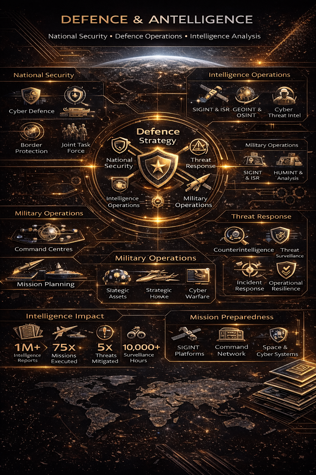 A4 strategic infographic summarising C4ISR, secure cloud, mission systems, intelligence workflows, resilience patterns and key defence artefacts.